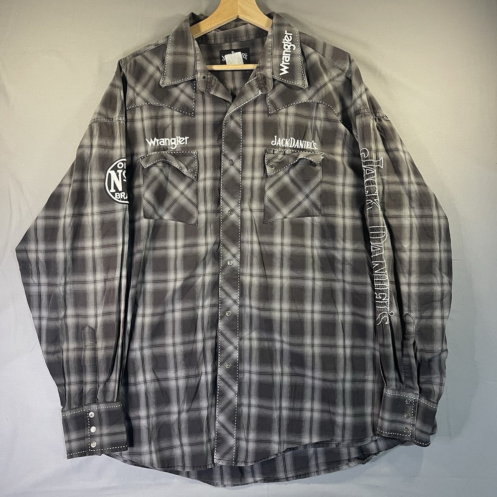 Wrangler Jack Daniels Western Shirt Mens XXL Gray Plaid Pearl Snap Embroidered